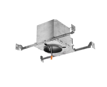 Silver metallic ceiling-mounted light fixture with square frame and four extendable arms for max adjustability airtight housing