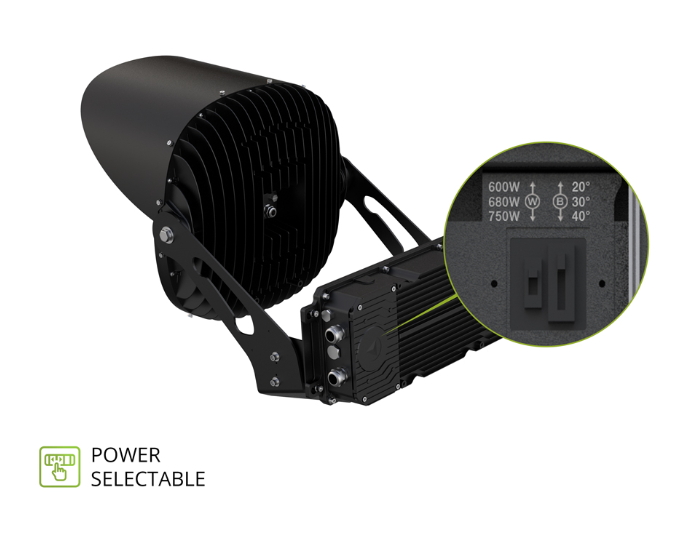 LED Sport Light, 115,224 Lumen Max, Wattage Selectable, Adjustable Beam Angle, 5000K, 200-480V