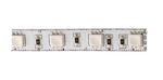 White led rgb tape light with evenly spaced rectangular modules and labeled circuitry on 16 or 100 foot reel