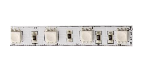 White led rgb tape light with evenly spaced rectangular modules and labeled circuitry on 16 or 100 foot reel