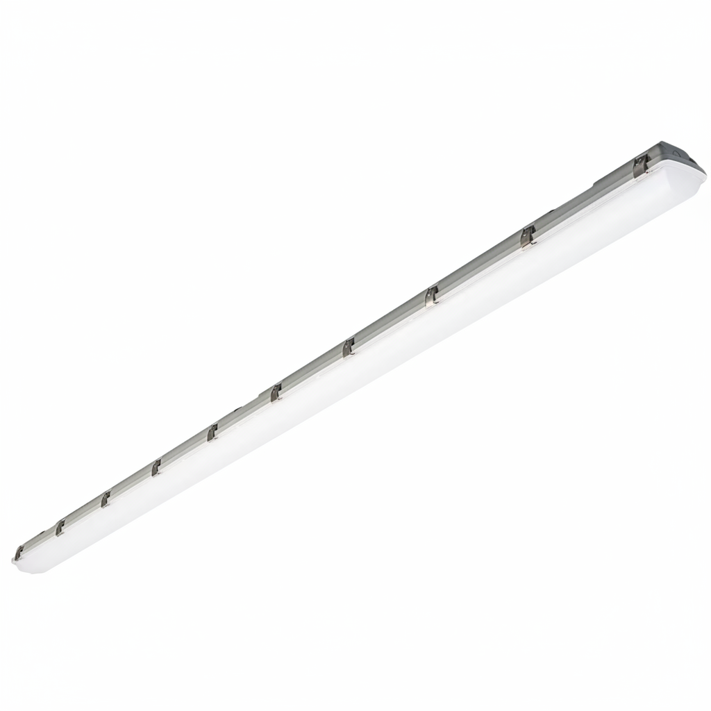 Linear LED light fixture on a white background