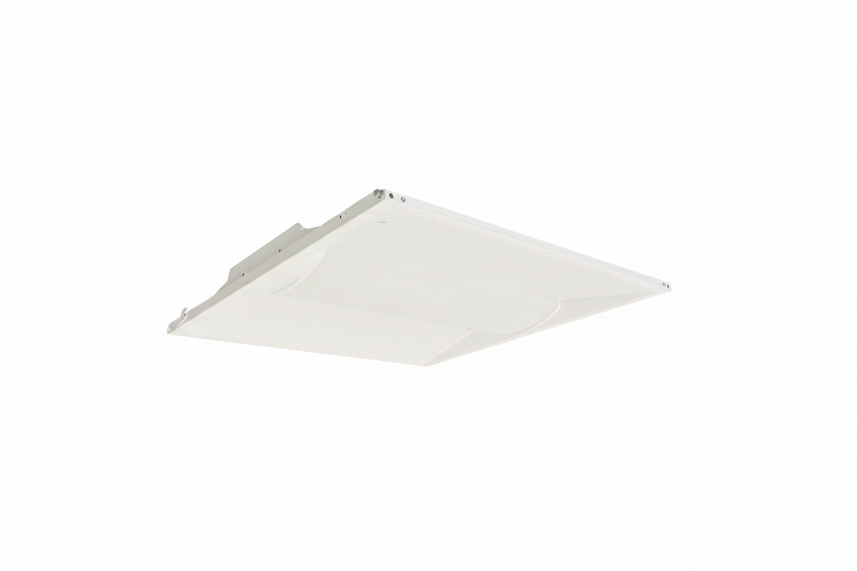 White retrofit troffer light on a light gray background