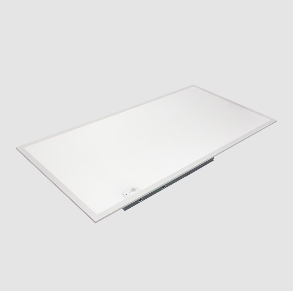 Rectangular white light fixture on a white background