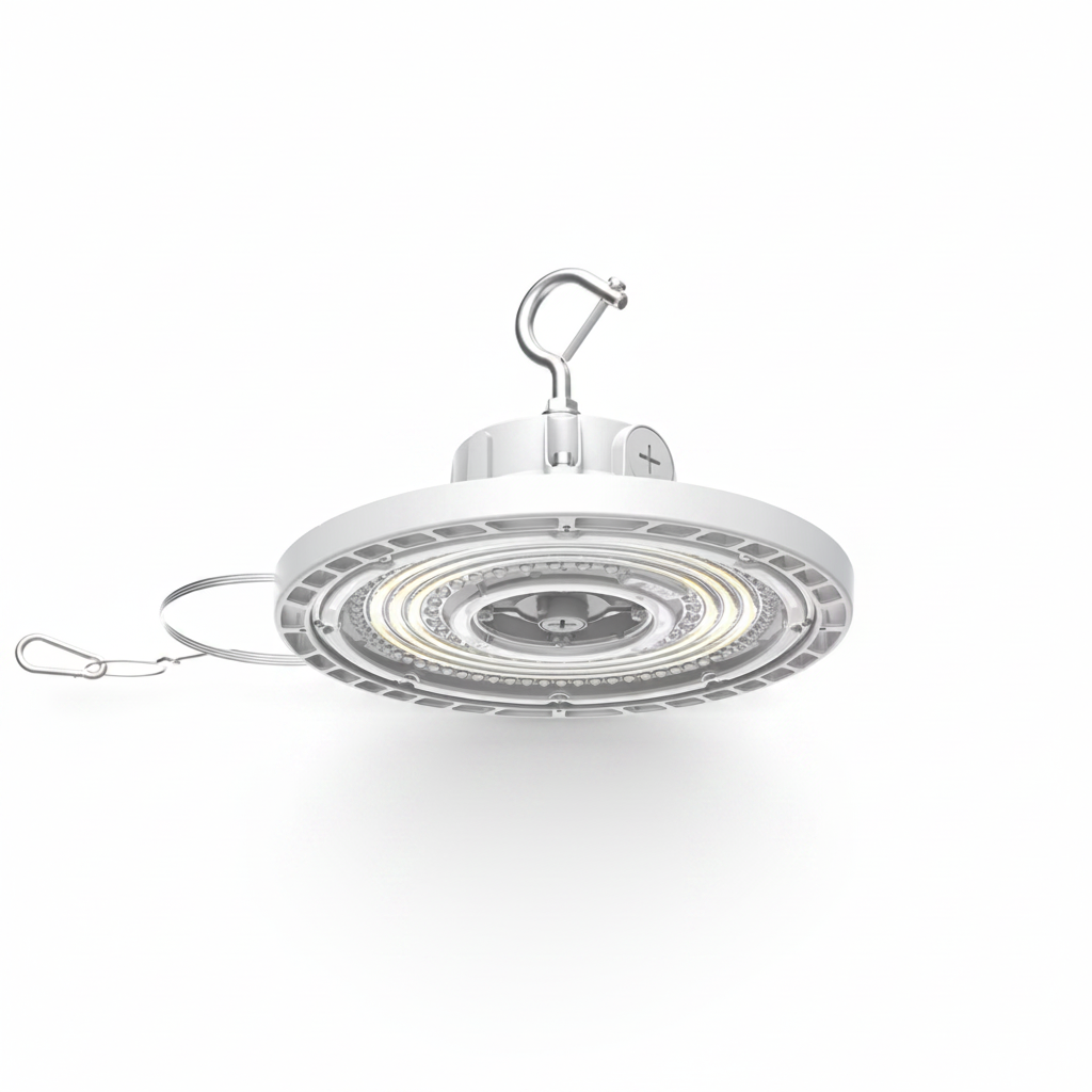 White LED high bay light with a hook on a gray background