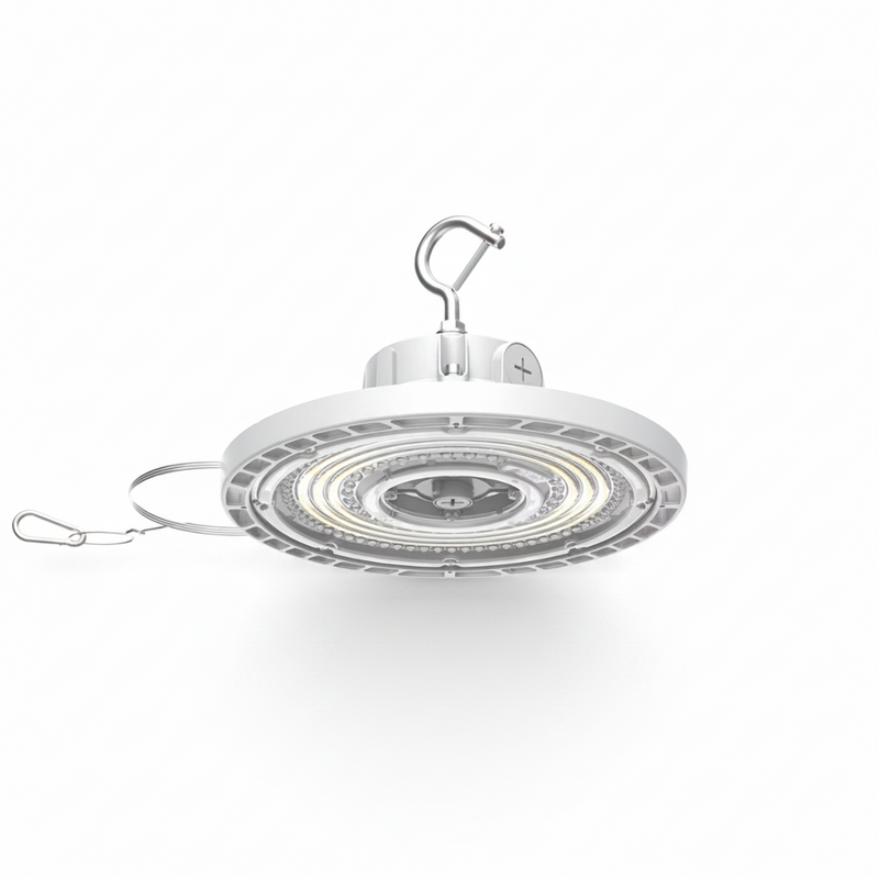 White LED high bay light with a hook on a gray background