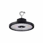 Black LED high bay light with a hook on a gray background