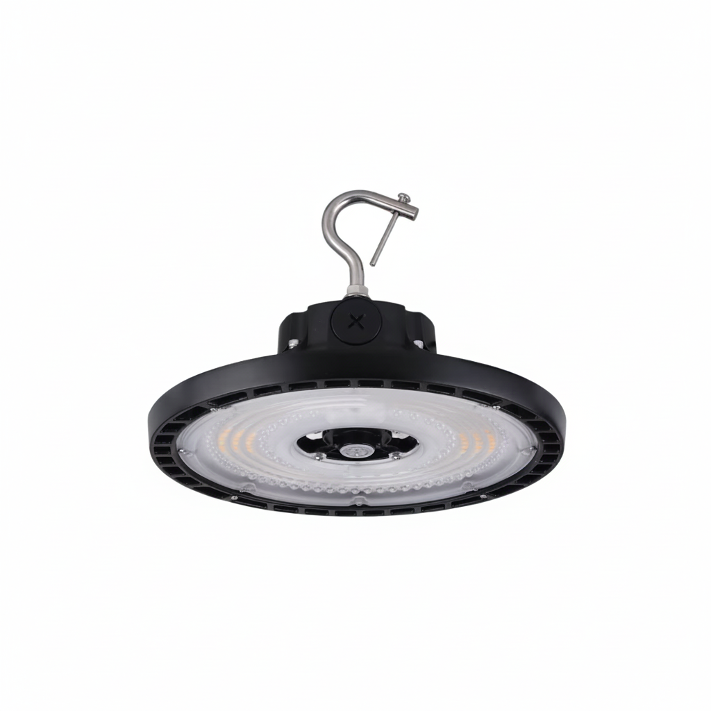 Black LED high bay light with a hook on a gray background