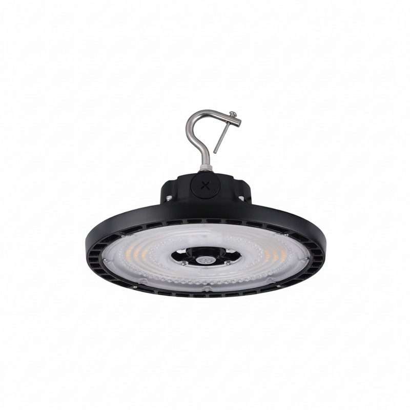 Black LED high bay light with a hook on a gray background