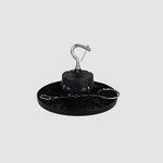 Black LED high bay light with a hook on a gray background