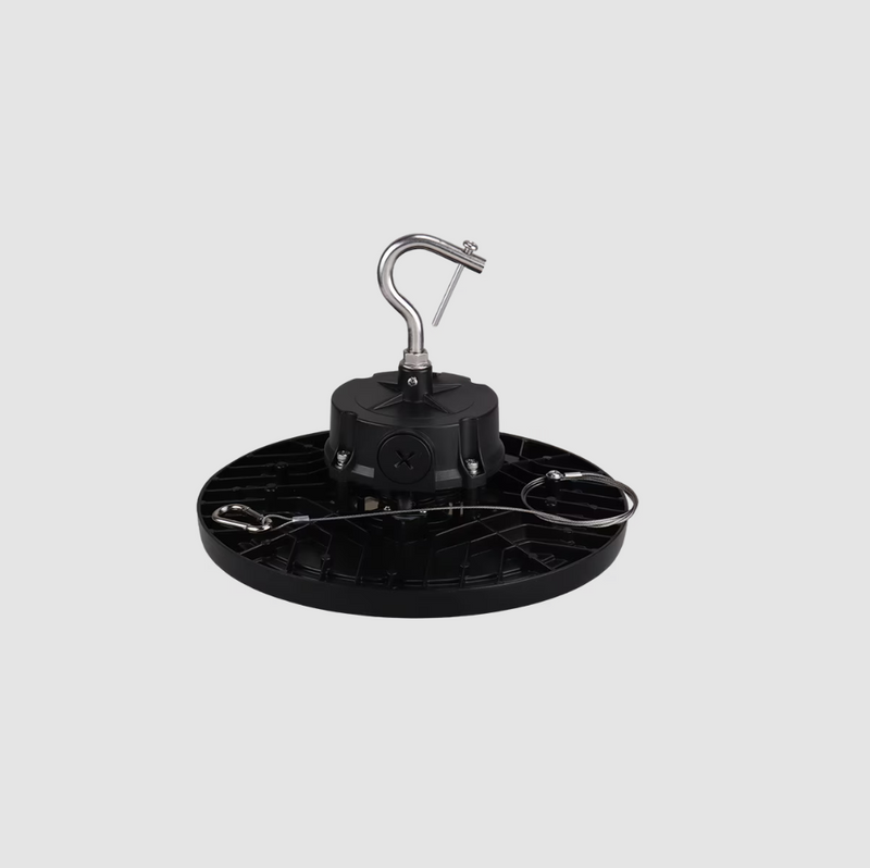 Black LED high bay light with a hook on a gray background