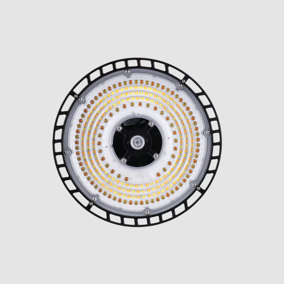 Circular high-intensity discharge (HID) light fixture on a gray background