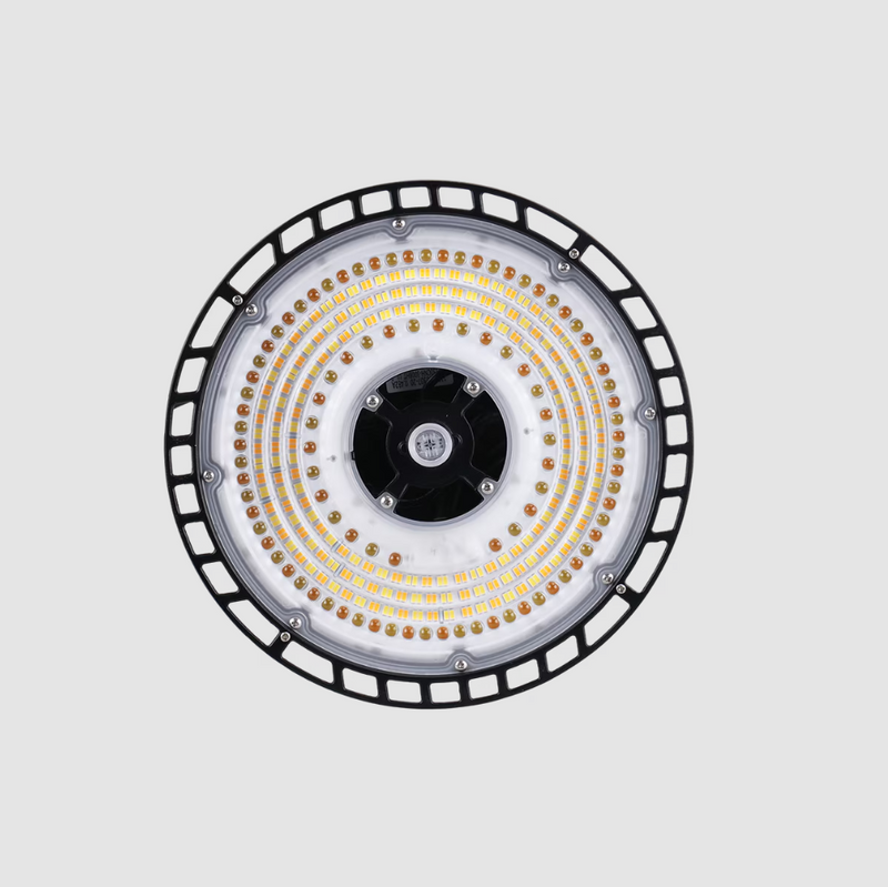 Circular high-intensity discharge (HID) light fixture on a gray background