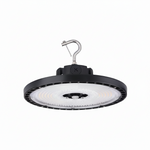 Black LED high bay light with a white bulb on a gray background
