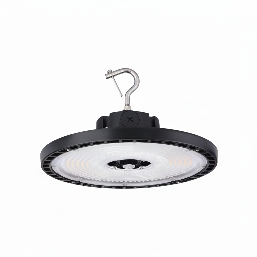 Black LED high bay light with a white bulb on a gray background