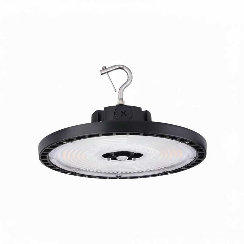 Black LED high bay light with a white bulb on a gray background