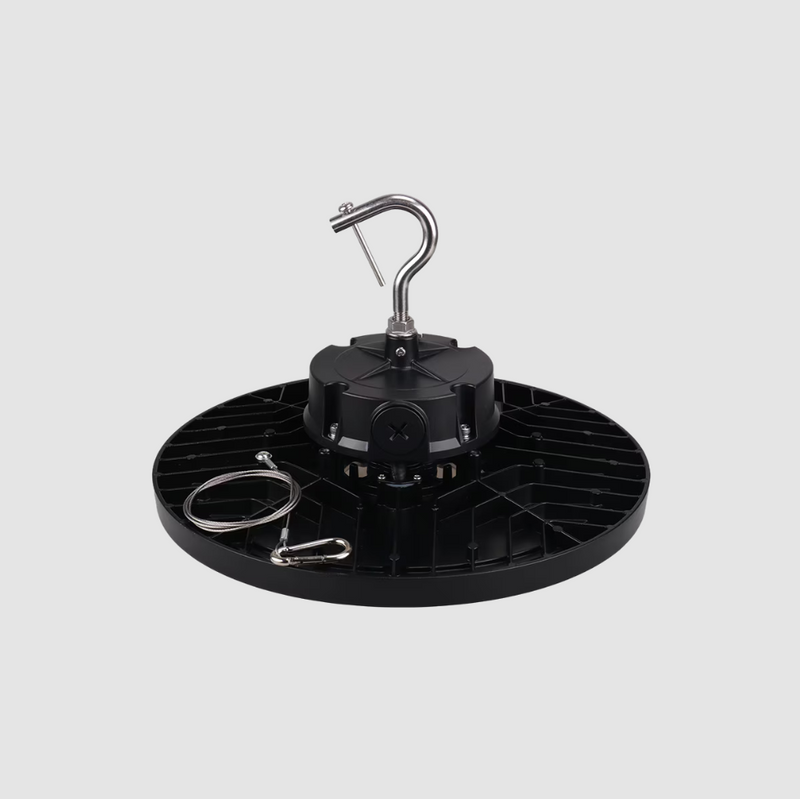Black LED high bay light with a hook on a gray background