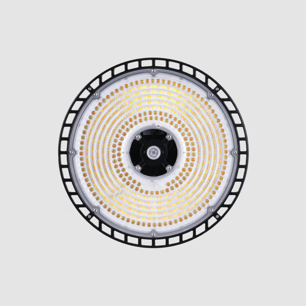 Circular LED light fixture on a gray background