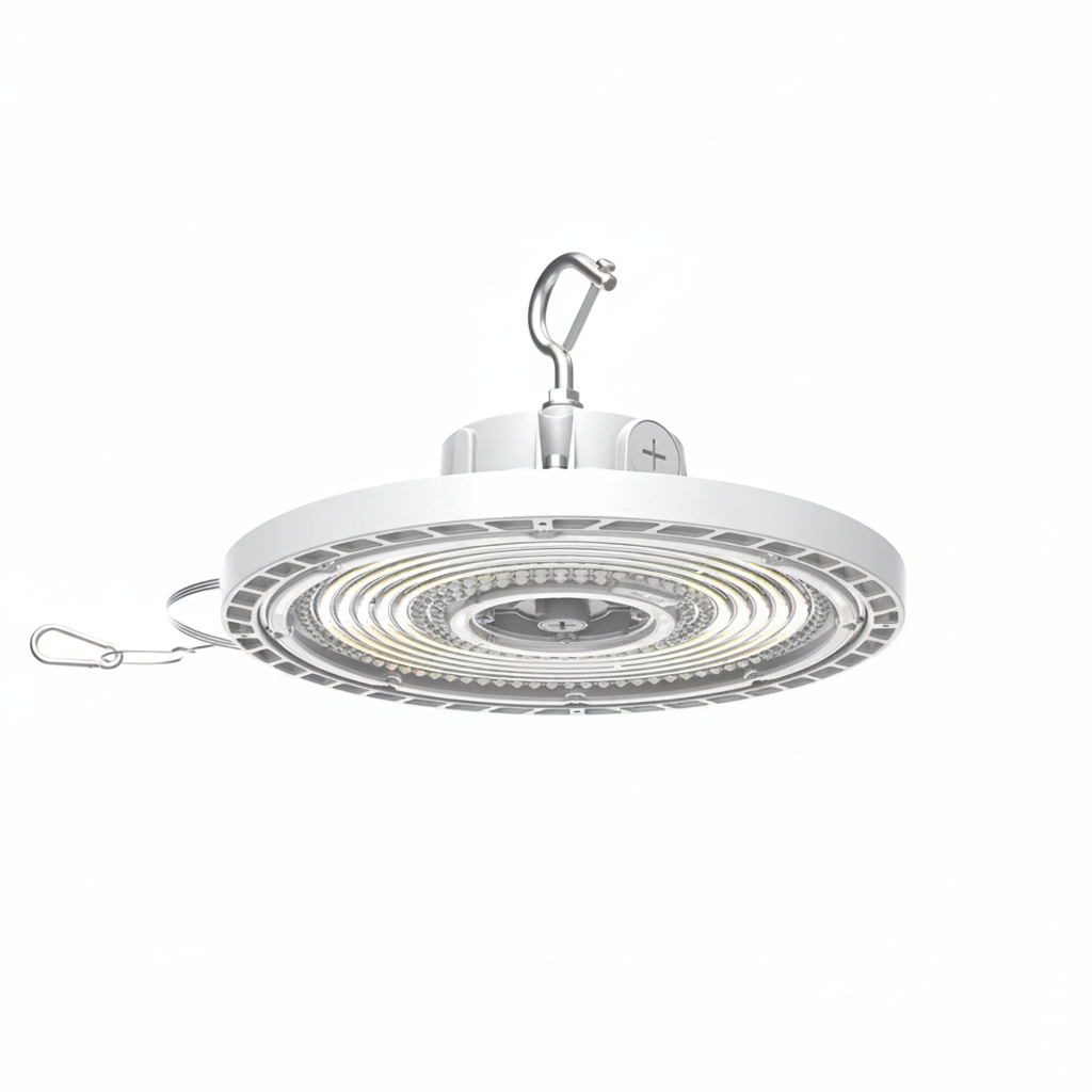 White LED high bay light with a hook on a gray background