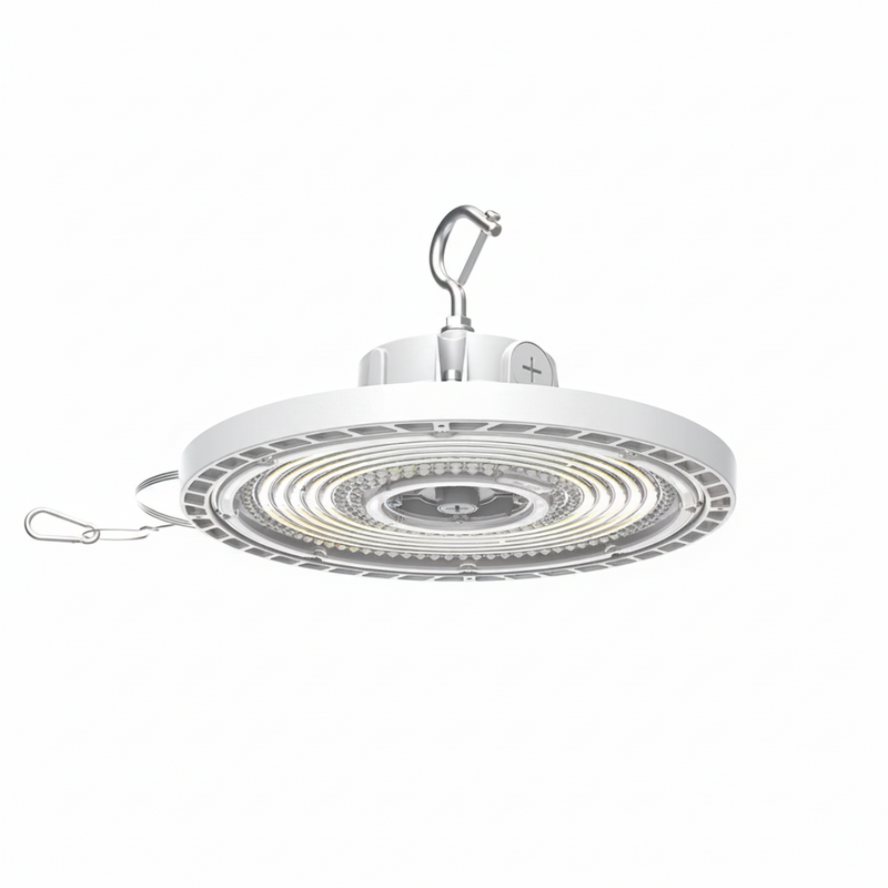 White LED high bay light with a hook on a gray background