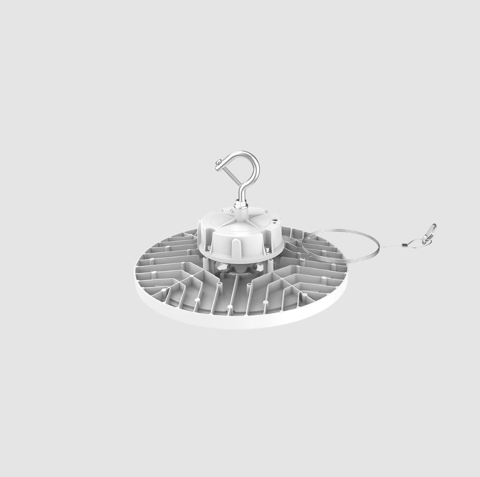 White LED high bay light with a hook on a gray background
