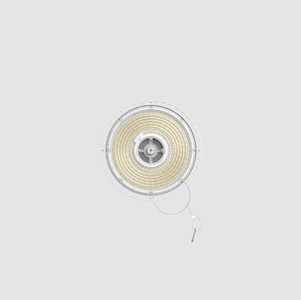 White LED high bay light on a gray background