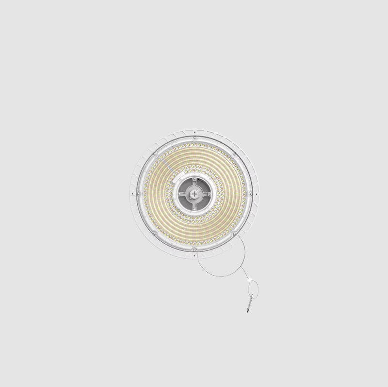 White LED high bay light on a gray background