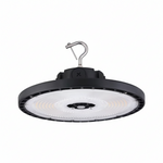Black industrial high bay light on a gray background