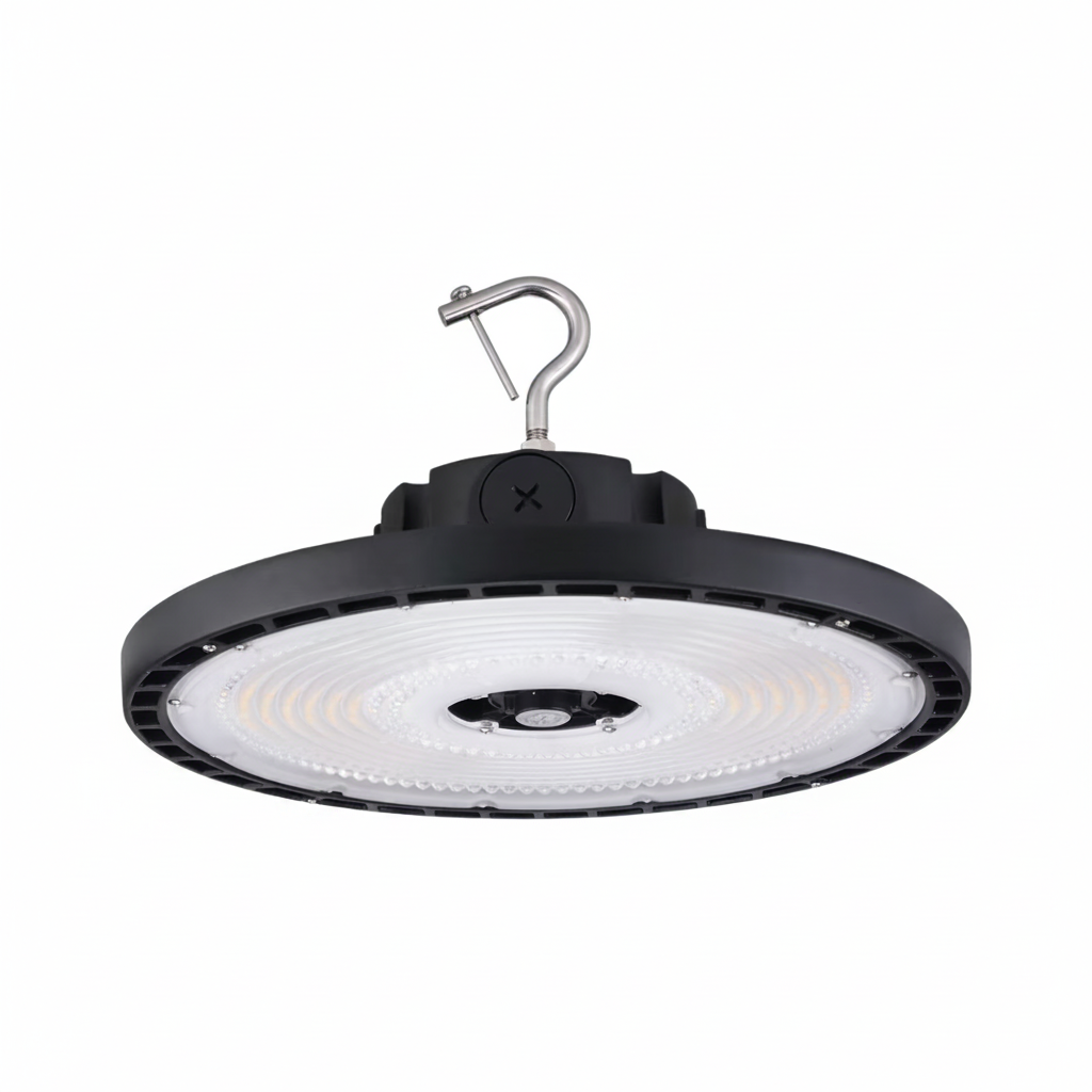 Black industrial high bay light on a gray background