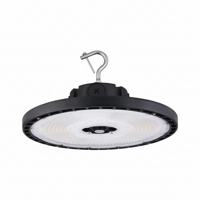 Black industrial high bay light on a gray background