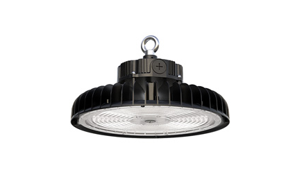 Black LED high bay light in a white background with a hook