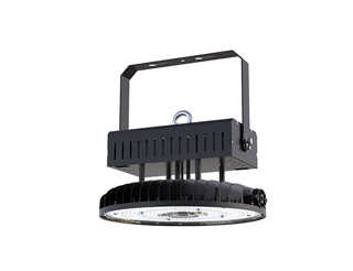 Black LED high bay light fixture in a white background