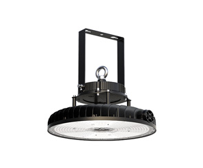 Black LED high bay light fixture in a white background