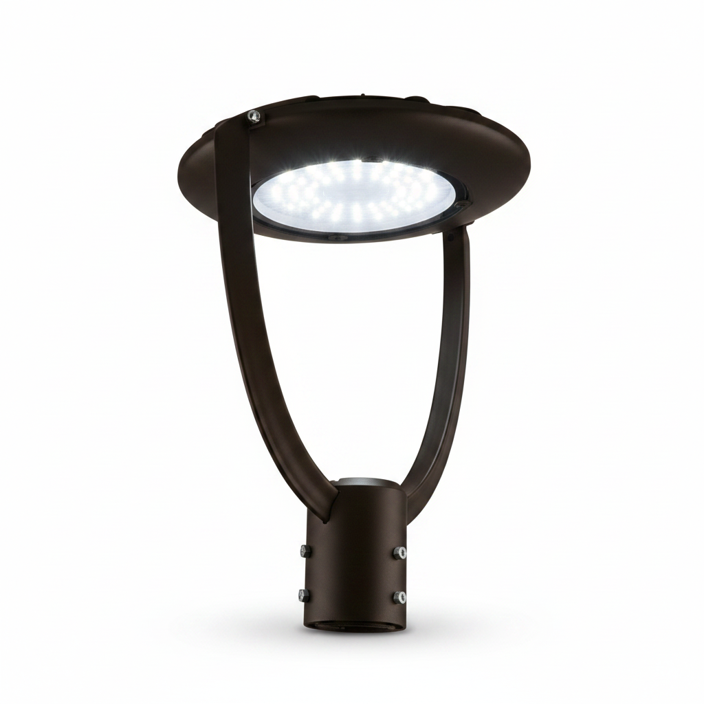 A modern black post top light fixture with a circular shade and curved support arms, shown against a solid light gray background.