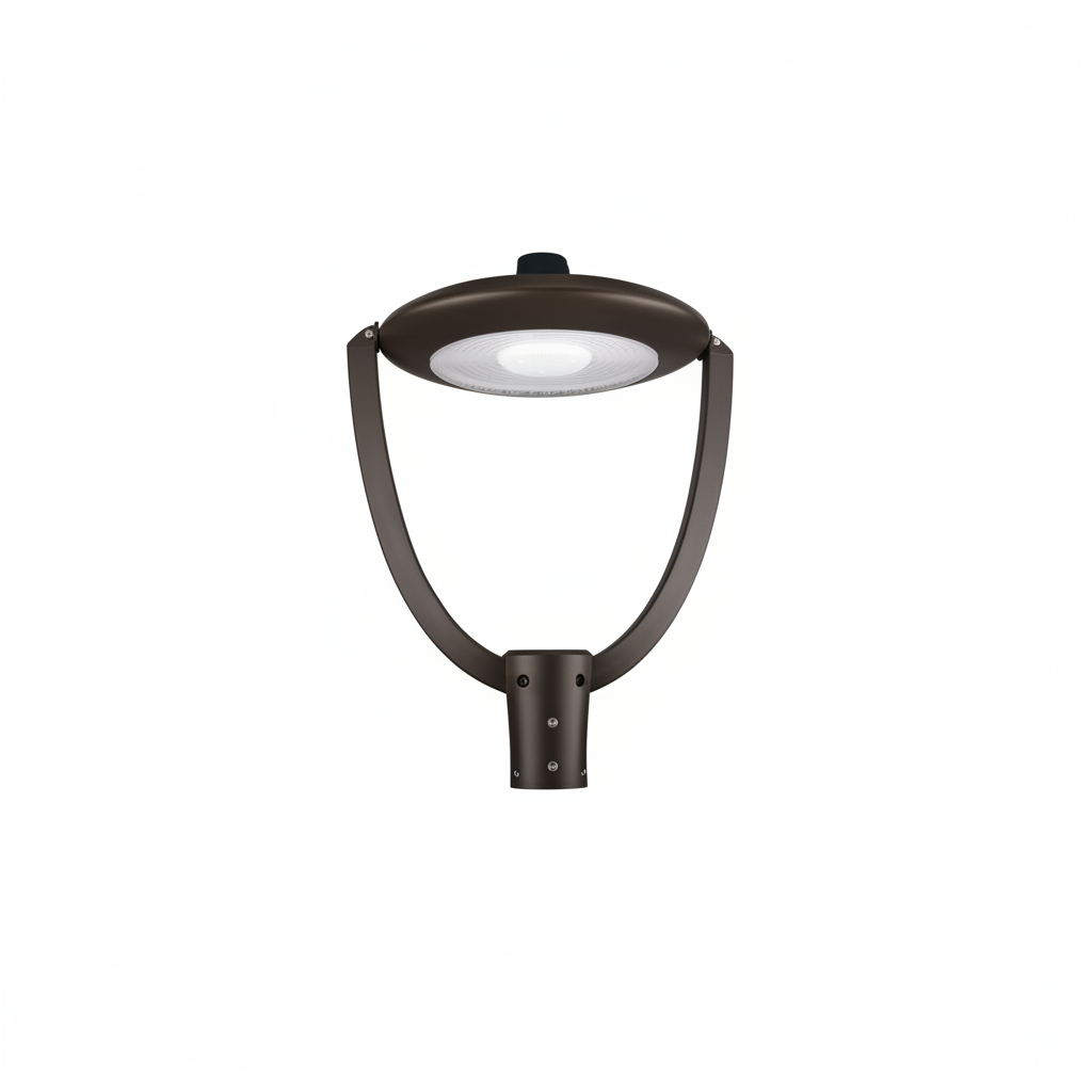 A modern street light fixture with a dark bronze U-shaped arm and a circular light head, shown against a solid light gray background.