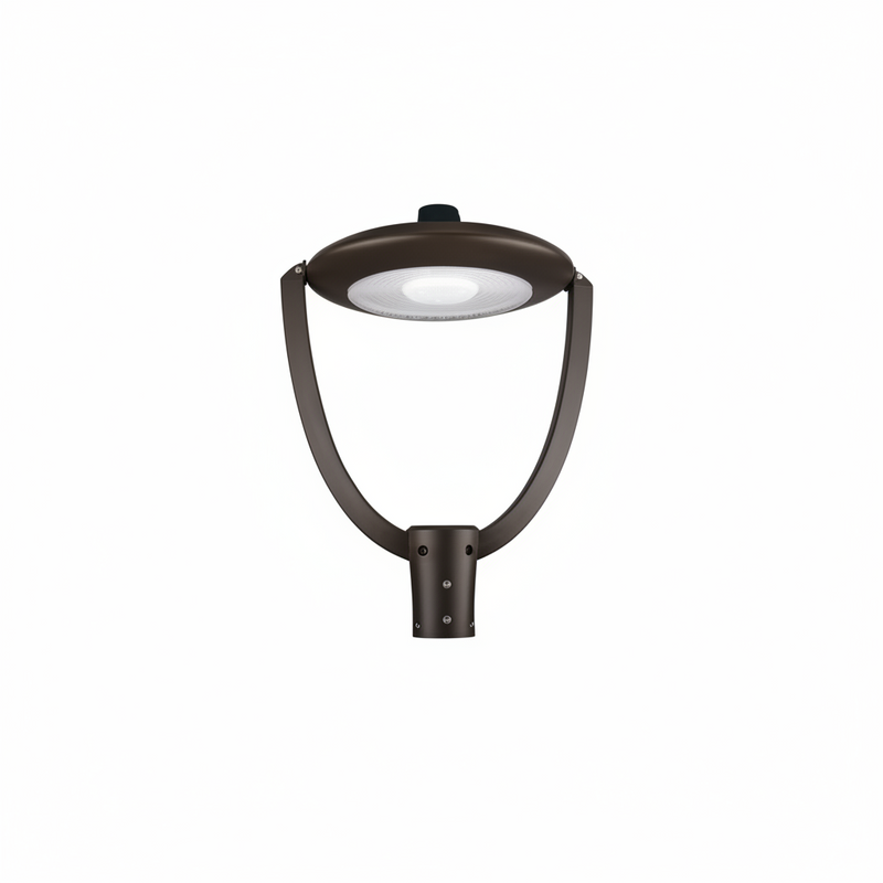 A modern street light fixture with a dark bronze U-shaped arm and a circular light head, shown against a solid light gray background.