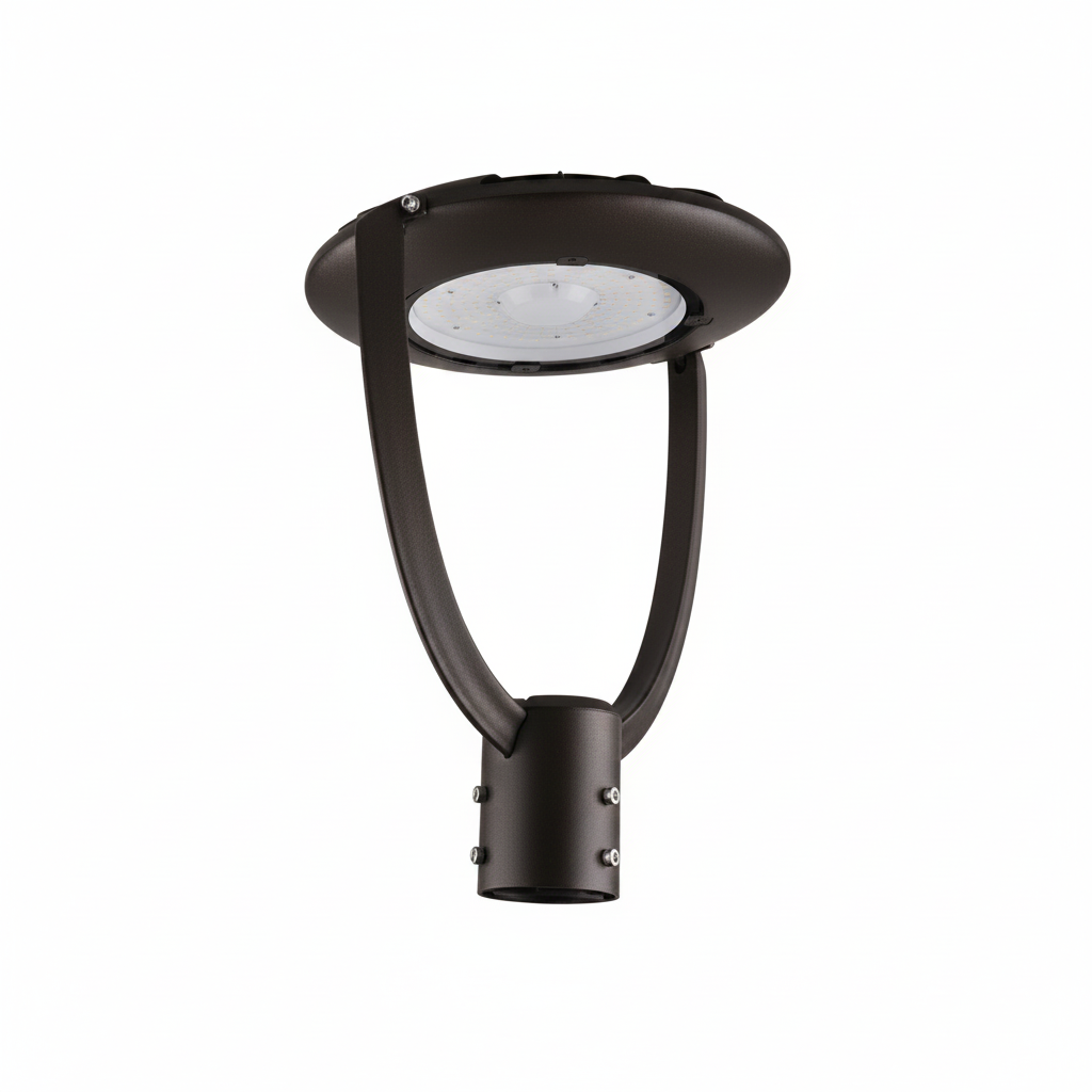 A modern black outdoor post top light fixture with a circular head and curved mounting arm, shown against a solid light gray background.