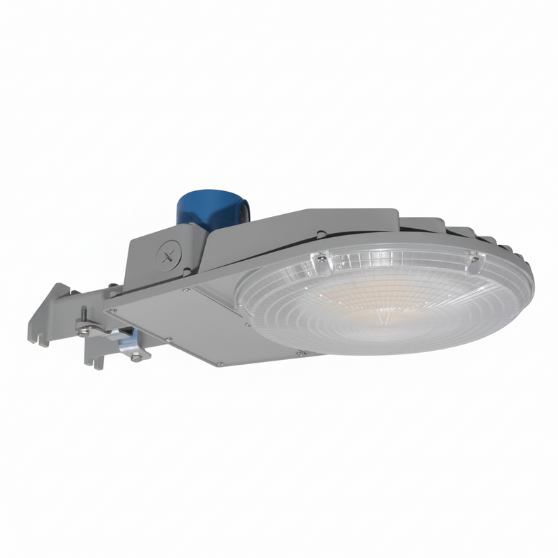 A modern LED street light with a gray metal housing, a clear ribbed lens, and a blue top-mounted component, shown against a light gray background.