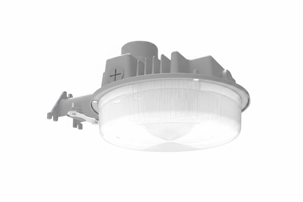A white circular ceiling light fixture with a ribbed translucent shade and mounting bracket, shown against a light gray background.