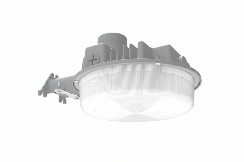 A white circular ceiling light fixture with a ribbed translucent shade and mounting bracket, shown against a light gray background.