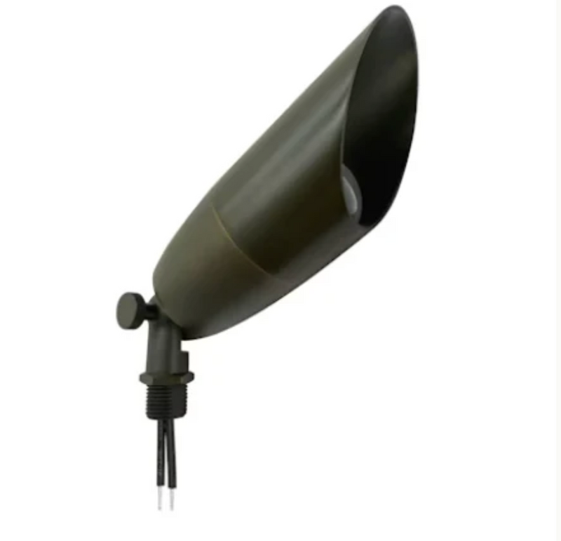 Olive-green landscape bullet light with sleek conical design and adjustable base in oil rubbed bronze finish for outdoor use