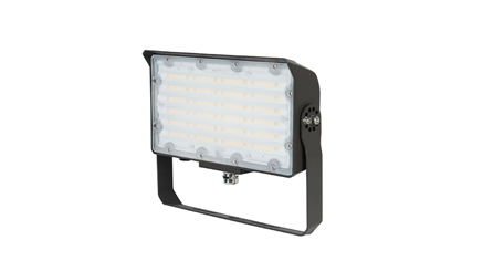 Black mini flood light with yoke bracket in a white background