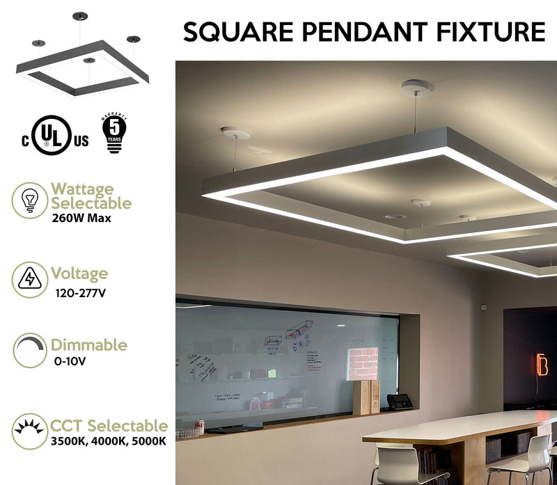 4x4 Foot Square LED Direct/Indirect Pendant Fixture, 31,720 Lumen Max, 260W, CCT Selectable, 120-277V