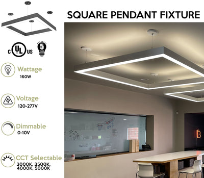 4x4 Square Pattern LED Linear Direct Pendant Fixture, 19,200 Lumens, 160 Watt, 120-277V, 4CCT Selectable, White or Black Finish