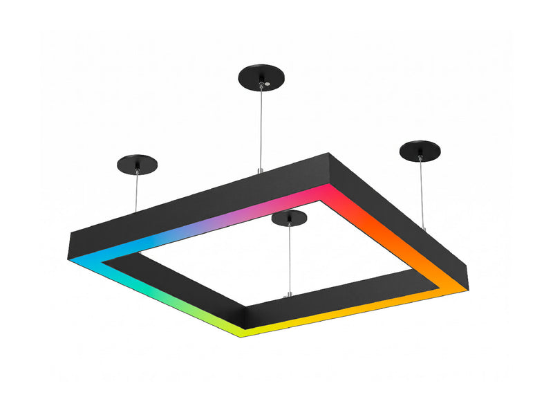 Modern black square pendant light featuring vibrant rainbow led glow edges in rgbw beam connector design