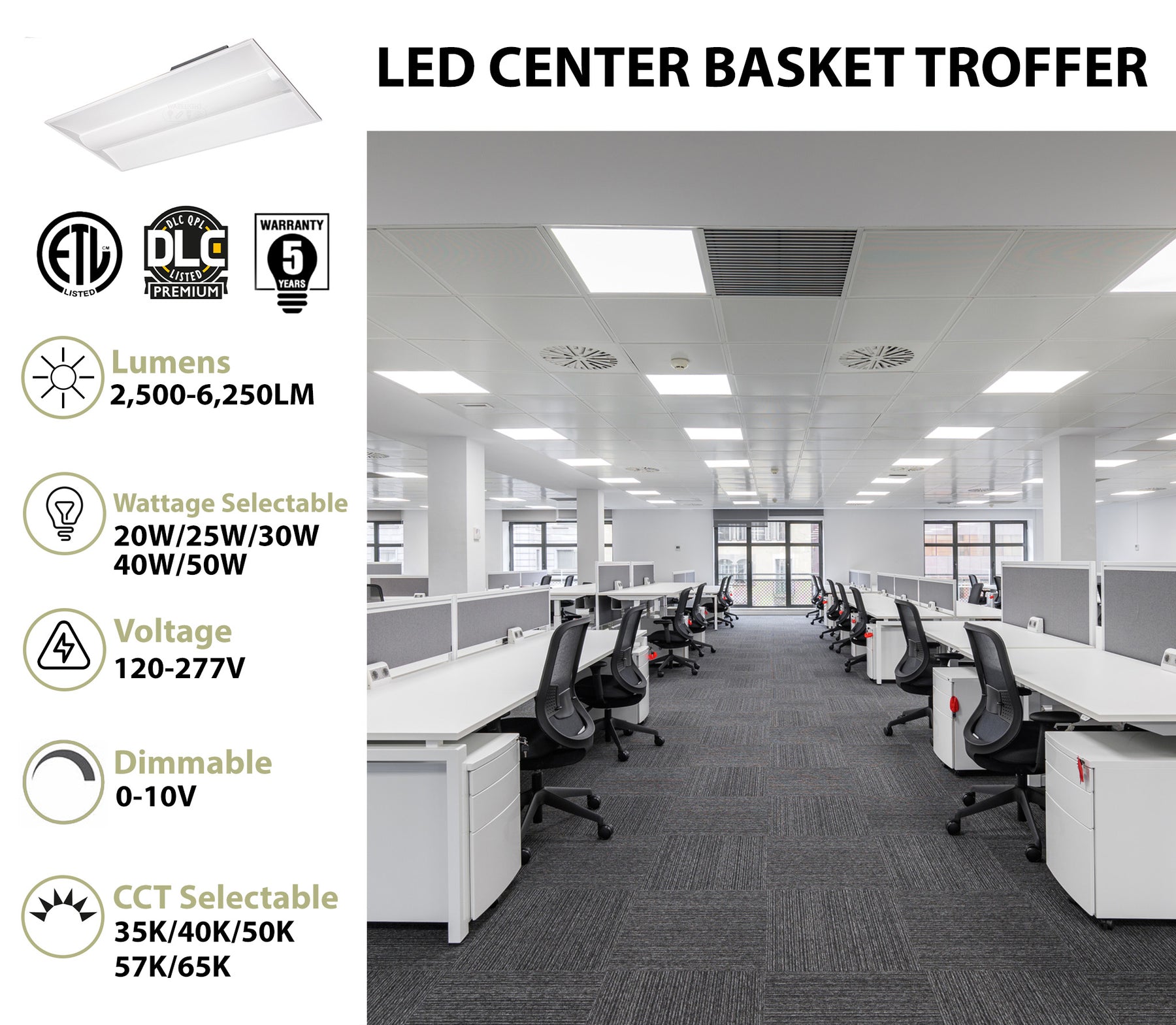 White led center basket troffer light fixture with frosted diffuser 2 x 4 foot concord adsm ez1 33lhe adsm