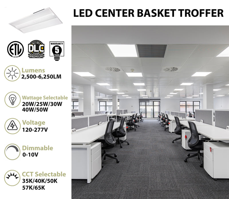 White led center basket troffer light fixture with frosted diffuser 2 x 4 foot concord adsm ez1 33lhe adsm