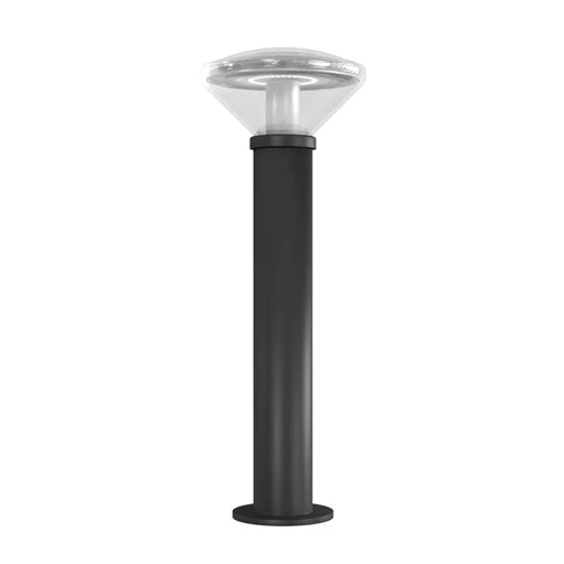 Black cylindrical vandal resistant solar bollard light with clear dome-shaped glass top and adjustable color temperature