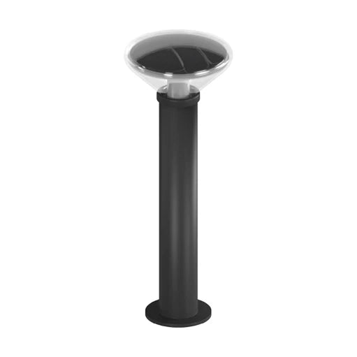 Black vandal resistant solar bollard light with cylindrical body and transparent dome housing led bulb 588 lumens 3w