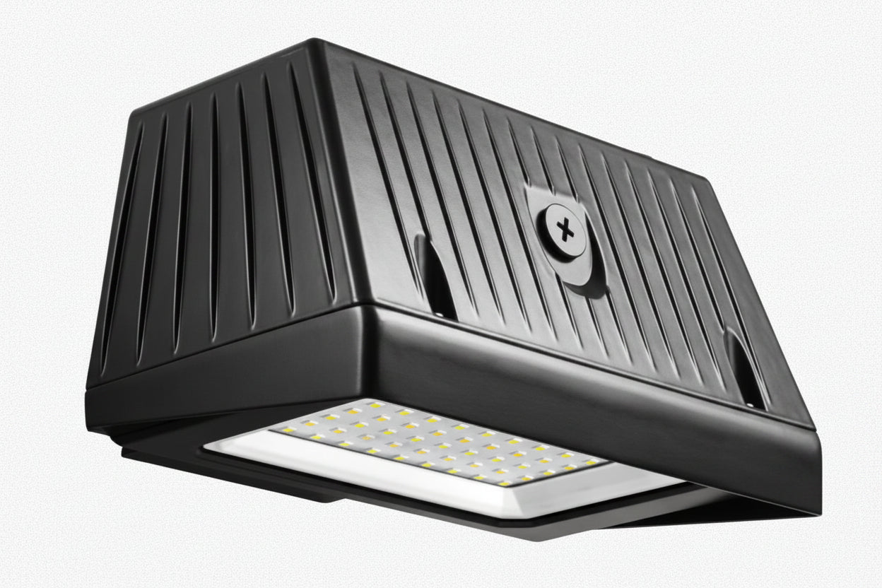 Black hawk led black rectangular outdoor led wall light with vertical ridges and bright white led panel 18000 lumen max