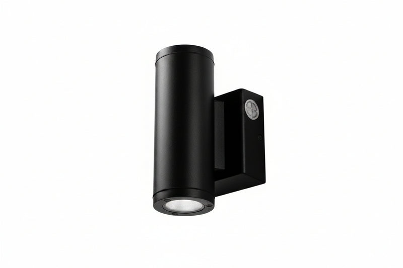Black led wall cylinder light with sleek design and circular sensor on mounting bracket for outdoor use